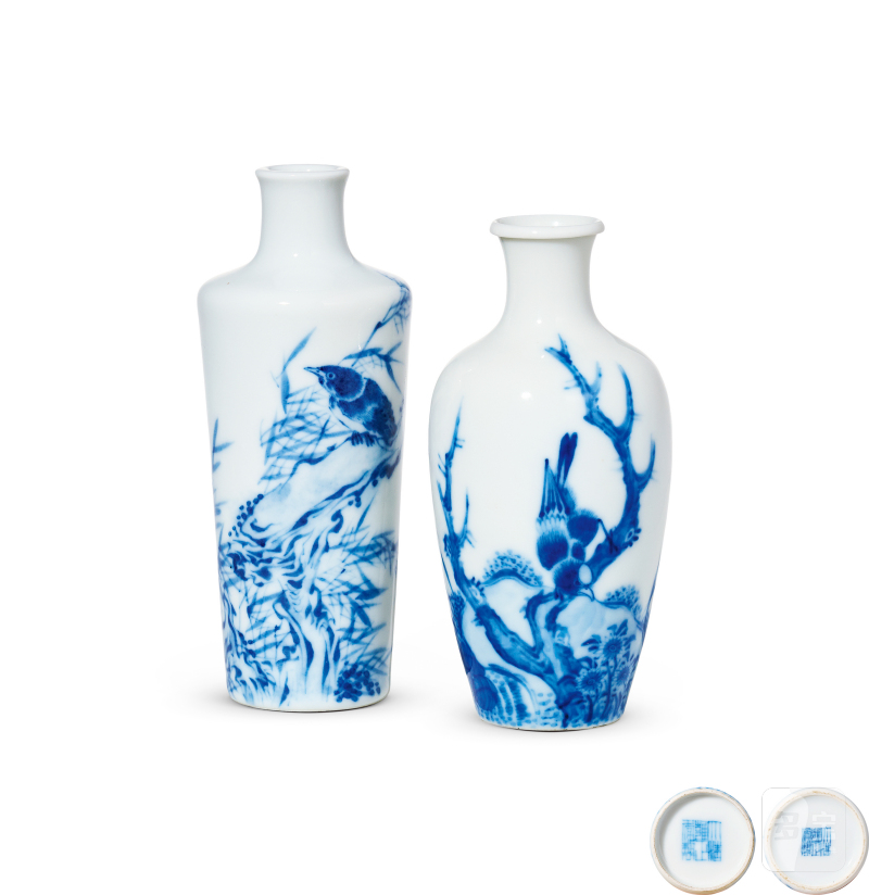 民国 王步风格青花花鸟图瓶两件